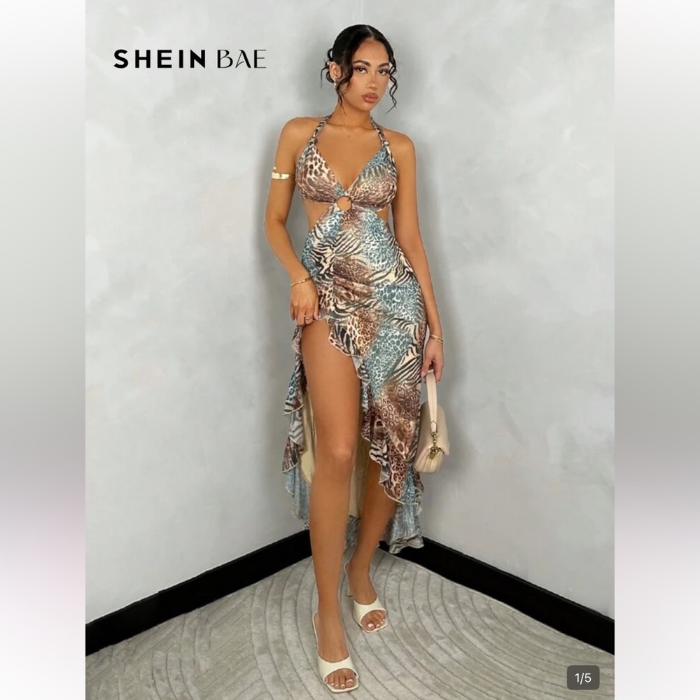 SHEIN Cream and Blue Animal Print Maxi Dress